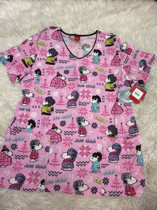 Peanuts Tops - Peanuts Large Scrub Top Pink Ice Cold Snoopy V-Neck NWT